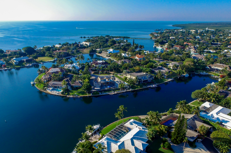 An aerial view of Key Largo, FL. Waterfront views like these can be both a pro and con of living in Florida.