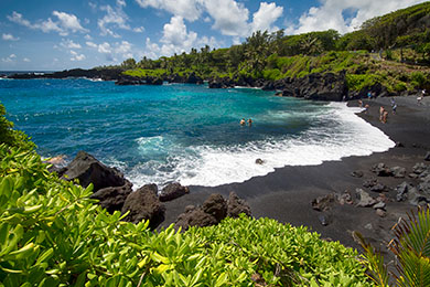 The black sand beaches of Maui as viewed from the trees