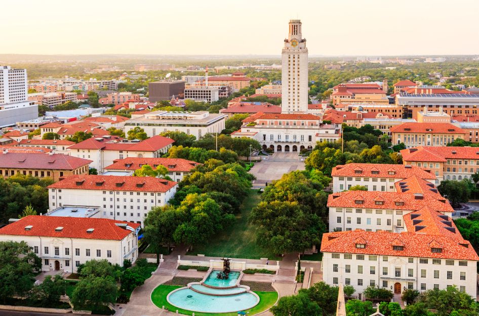 Aerial view of the University of Texas at Austin campus near West University — a neighborhood considered one of the safest areas in Austin, TX.