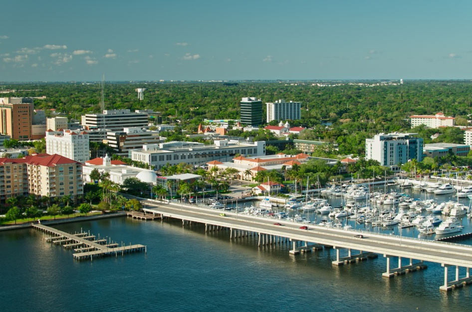 Aerial view of a marina on the Manatee River in Bradenton, Florida.