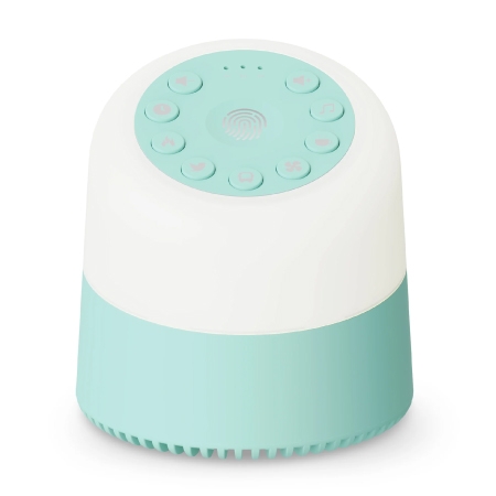 A gumdrop-shaped sound and light machine in white and turquoise, with nine feature buttons.