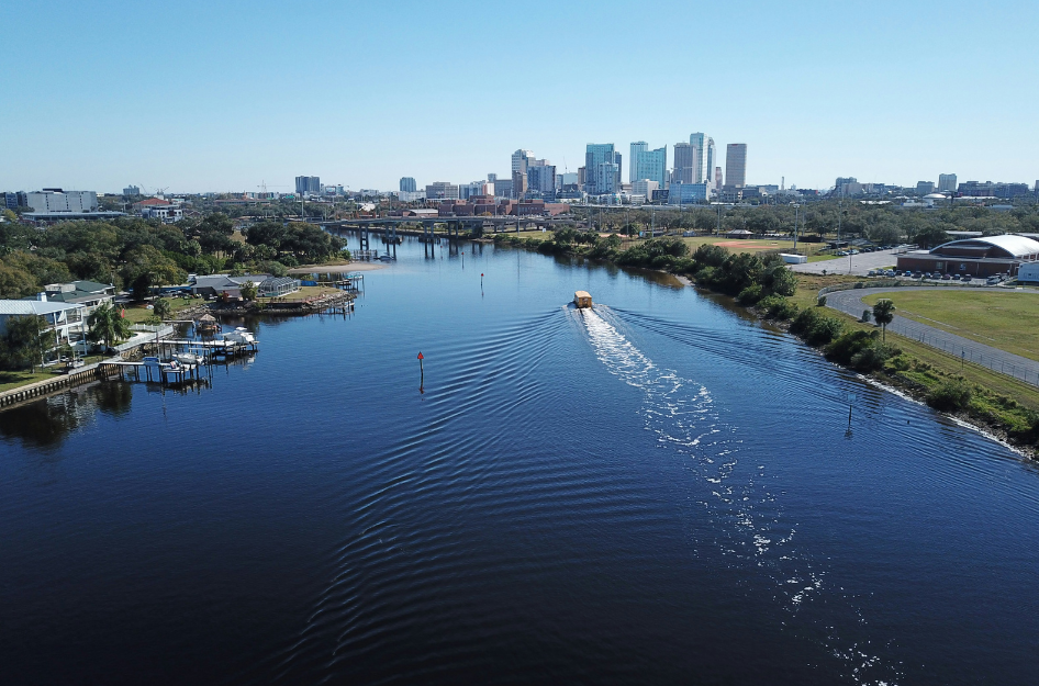 An aerial view of Tampa Bay surrounded by some of the best neighborhoods in Tampa, FL.