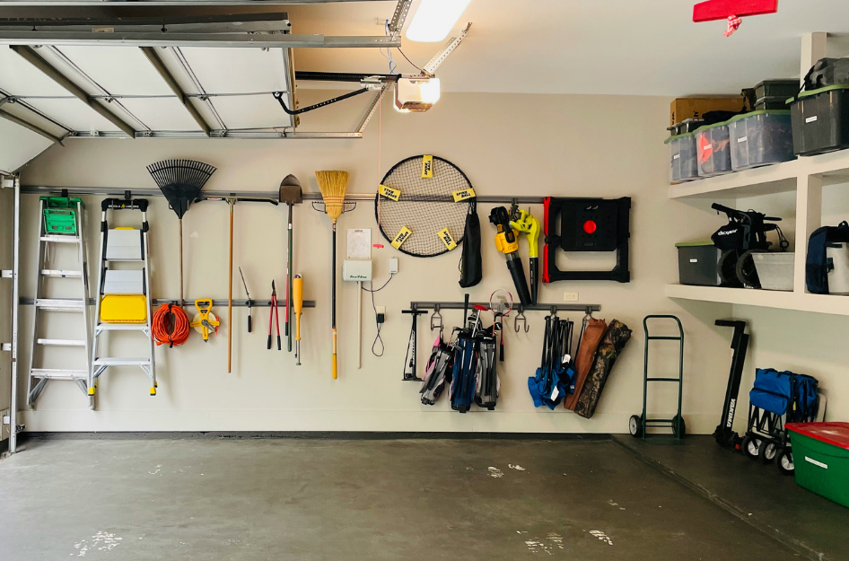 A garage that has been neatly organized using DIY garage storage tips.