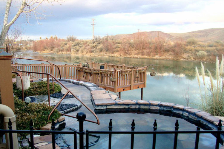 A view of the Rio Grande River and surrounding mountains from Riverbend Hot Springs in Truth or Consequences, New Mexico.