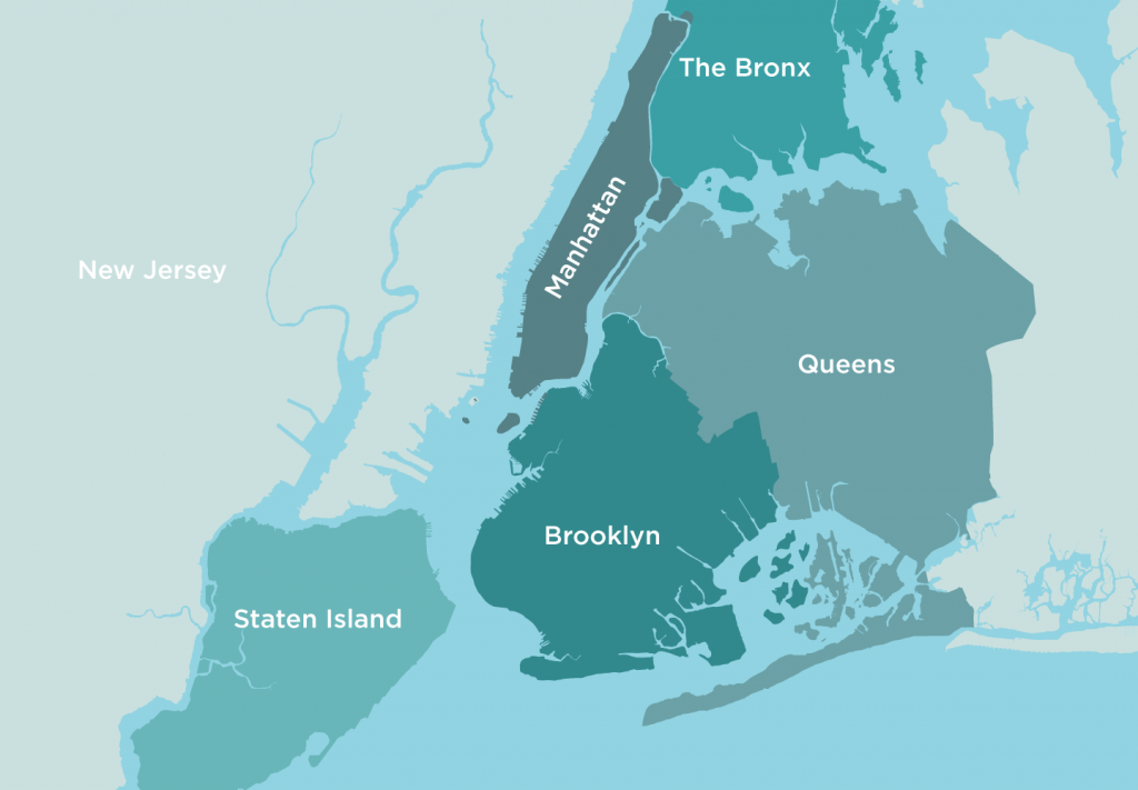 A simple map showing the five boroughs of New York, each one distinguished by a different color.