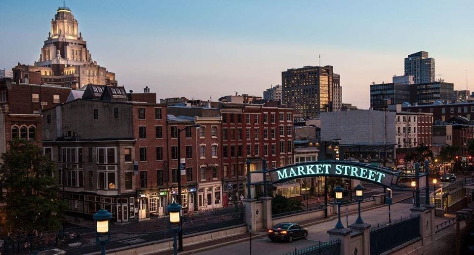 Aerial view of Market Street in Old City, a historic Philadelphia neighborhood.