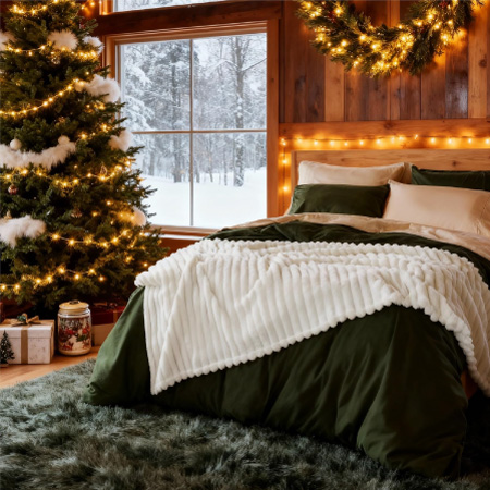 A white ribbed blanket atop a green bedspread in a cozy room with a christmas tree, wreathe, and holiday lights.
