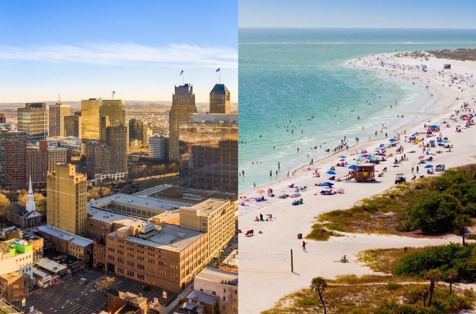 A split image showing Newark, NJ on the left and Sarasota, Florida on the right.