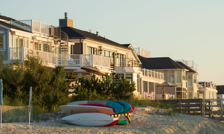 A view from the beach of coastal houses in Lewes, Delaware