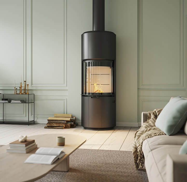 The Scan 87 fireplace, designed by Niels Kjeldsen Design, uses a throwback furnace silhouette with a thoughtful eye toward modern design sensibilities to create a timeless piece. It’s both functional and fashionable, providing ample heat while working as a natural focal point in the room. Its glass window lets everyone see the roaring log flame, no matter where in the room they sit.