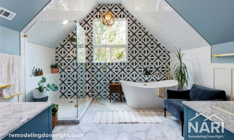 A newly remodeled bathroom with custom tile detailing on the back walls and ceiling, a glass shower, and a soaker tub. The bathroom’s decor features a blue velvet couch and light blue walls. The corners of twin marble vanities are visible in the foreground of the image. Overlaid text indicates the image is from NARI.