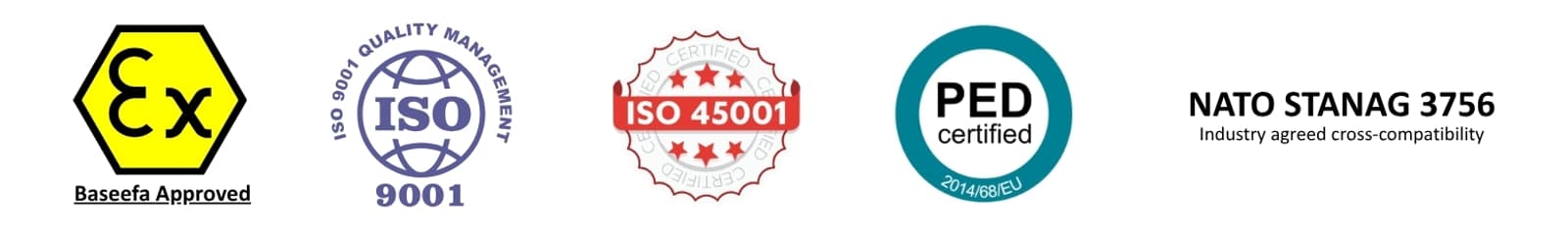 Emco Wheaton ATEX ISO 9001 45 ped stanag certifications