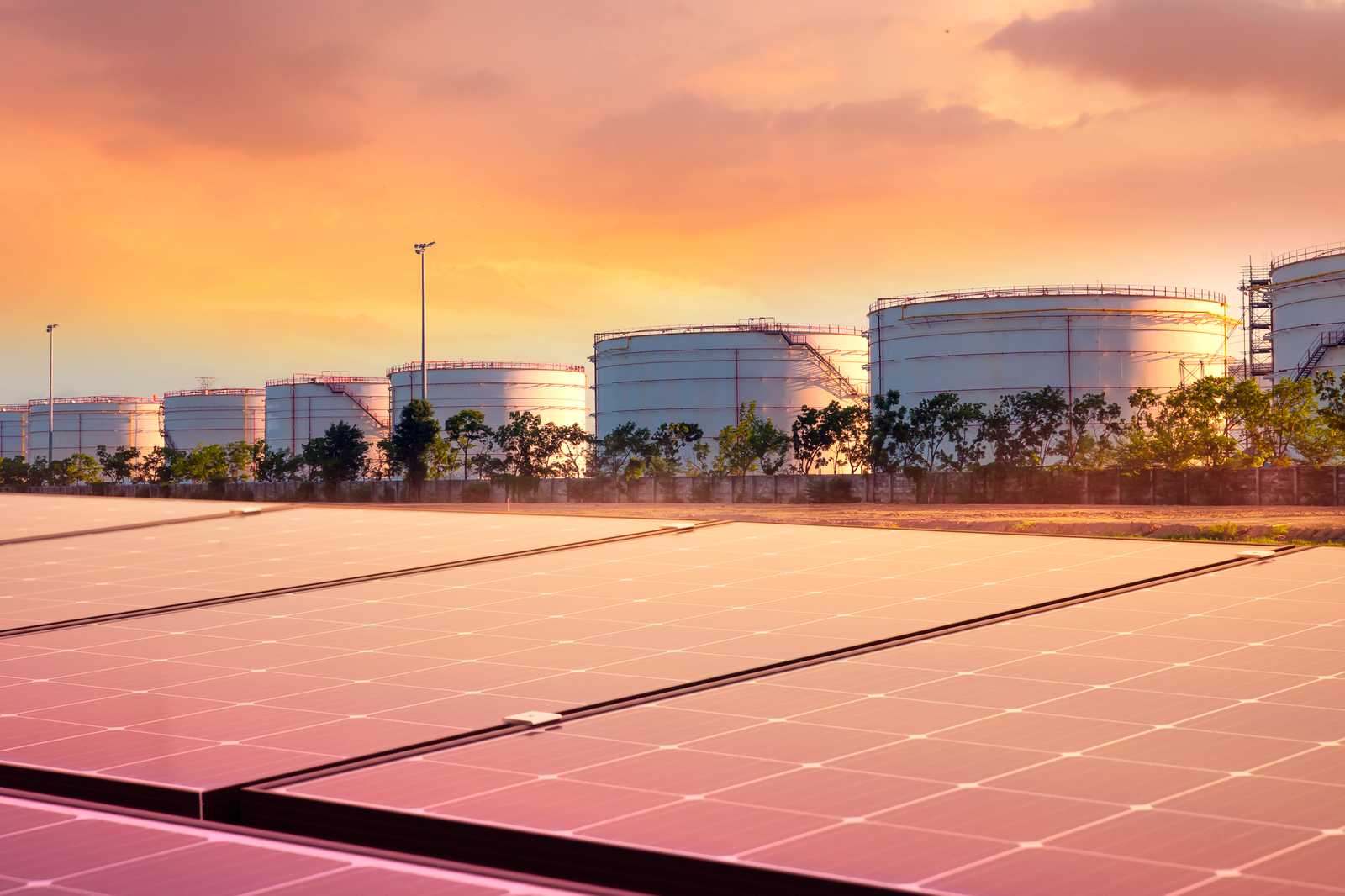 Solar panels with a sunset