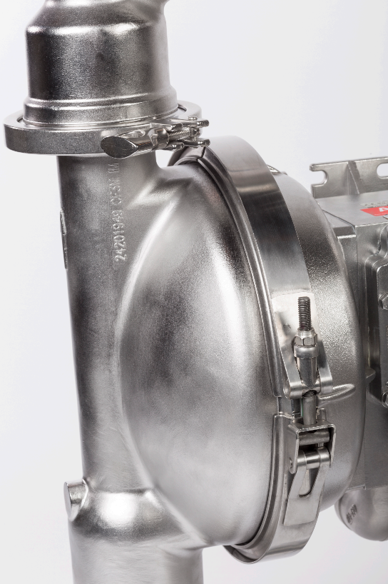 Close up of ARO’s FDA-compliant diaphragm pump’s quick-knock-down (QKD) design.