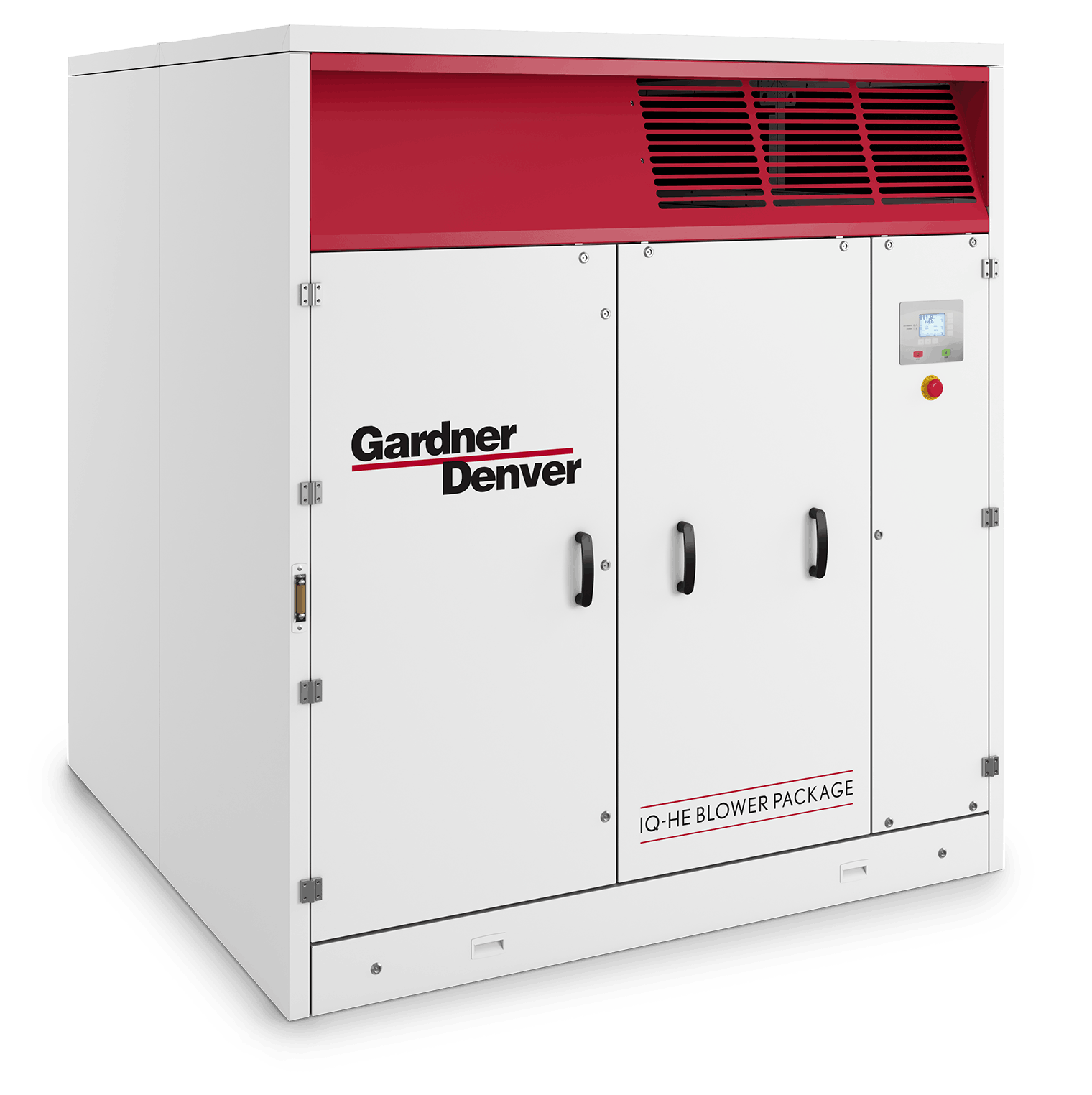 Gardner Denver GD IQ‑HE Package blower shown as a tall, high‑capacity enclosure with white housing, red top section, and dual front access doors