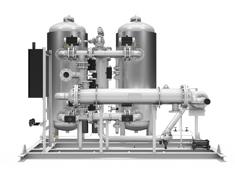 Industrial compressed air dryer with twin vertical vessels, rear view