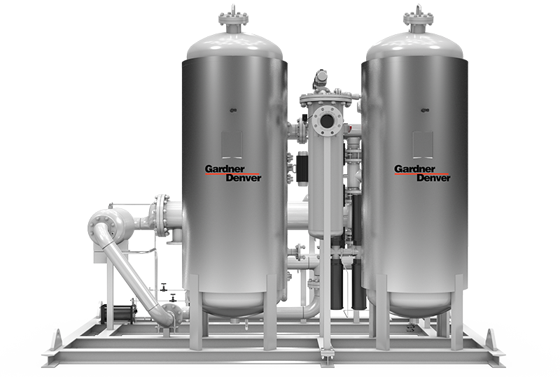 Industrial compressed air dryer with twin vertical vessels