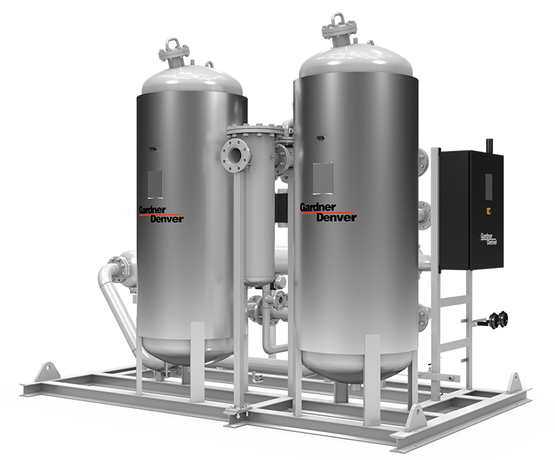 Industrial compressed air dryer with twin vertical vessels, angled view