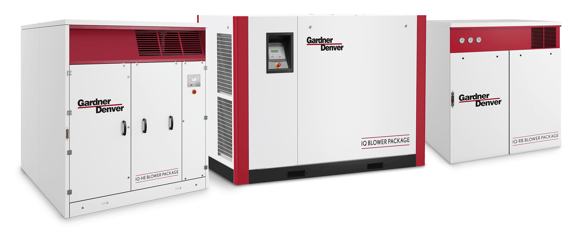  Three Gardner Denver blower packages displayed side by side: the IQ Package on the left, the IQ‑RB Package in the center, and the GD IQ‑HE Package on the right, each shown as full enclosure units.