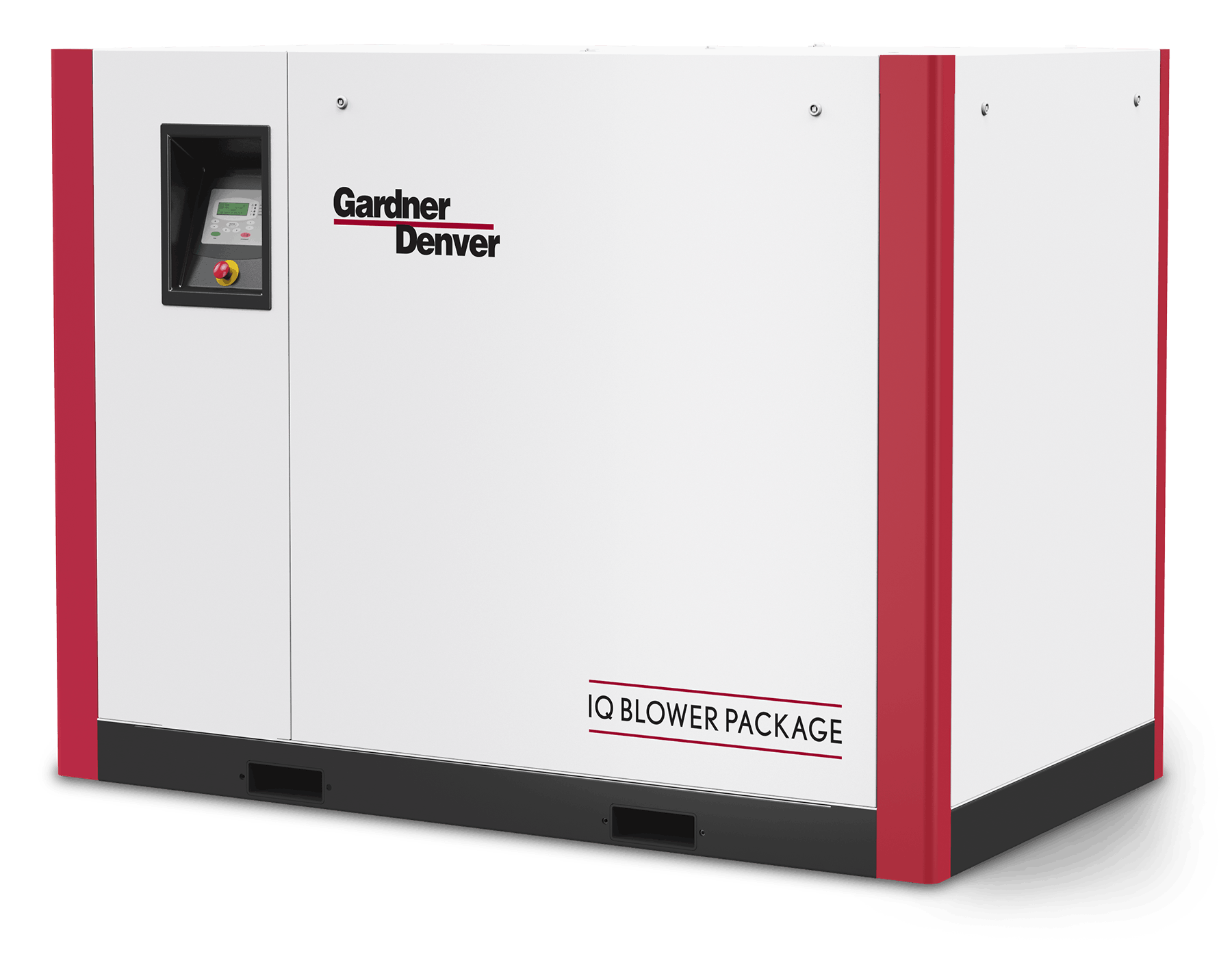 Gardner Denver IQ Package blower shown as a compact, white enclosure with red accents and front access panels