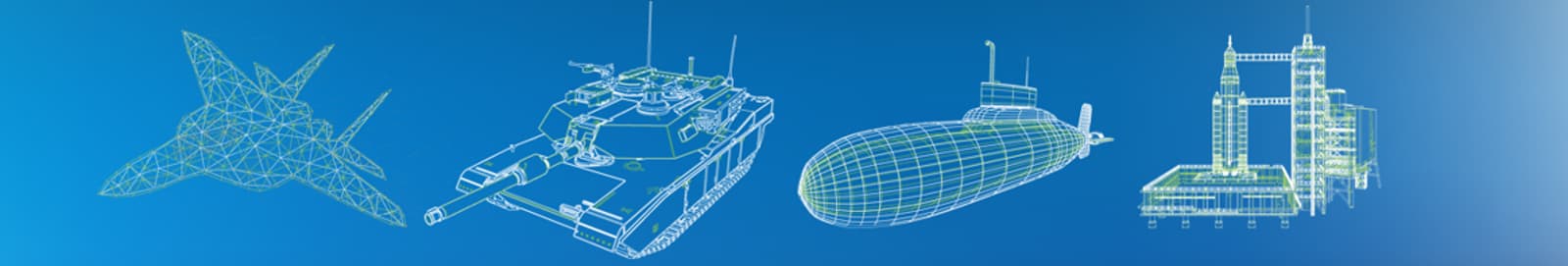 Wireframe illustrations of an aircraft, tank, submarine, and industrial facility on a blue background