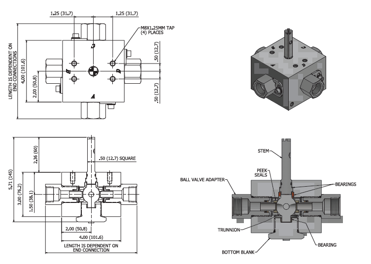 4 & 5-way Subsea Ball Valves: 3/8” Port Diagram