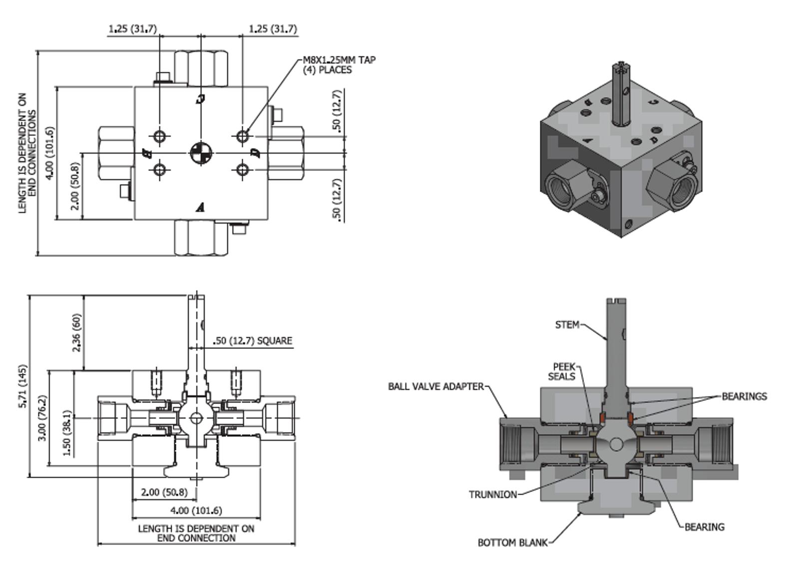 4 & 5-way Subsea Ball Valves: 3/8” Port Diagram