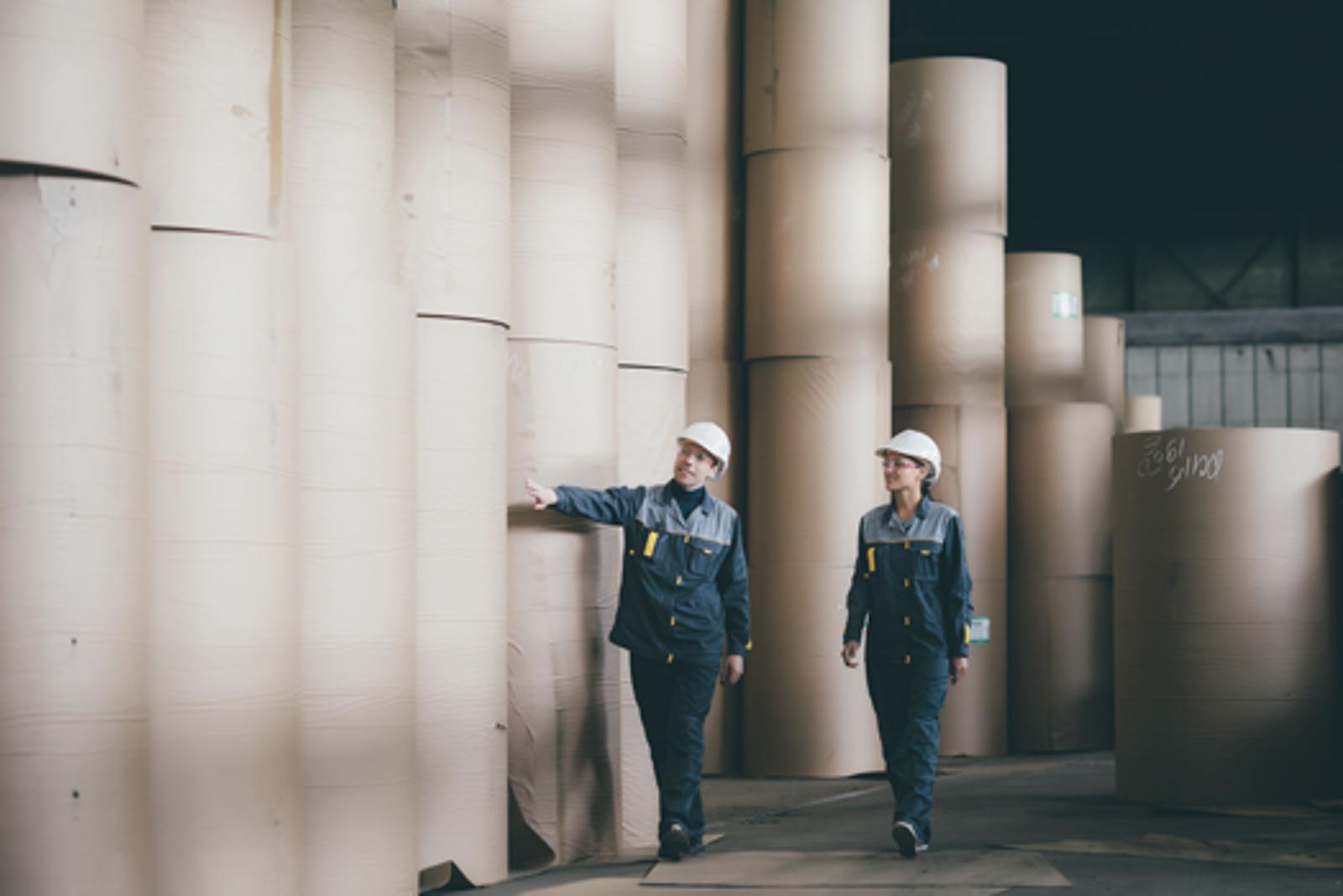 Two workers in a paper pulp mill.