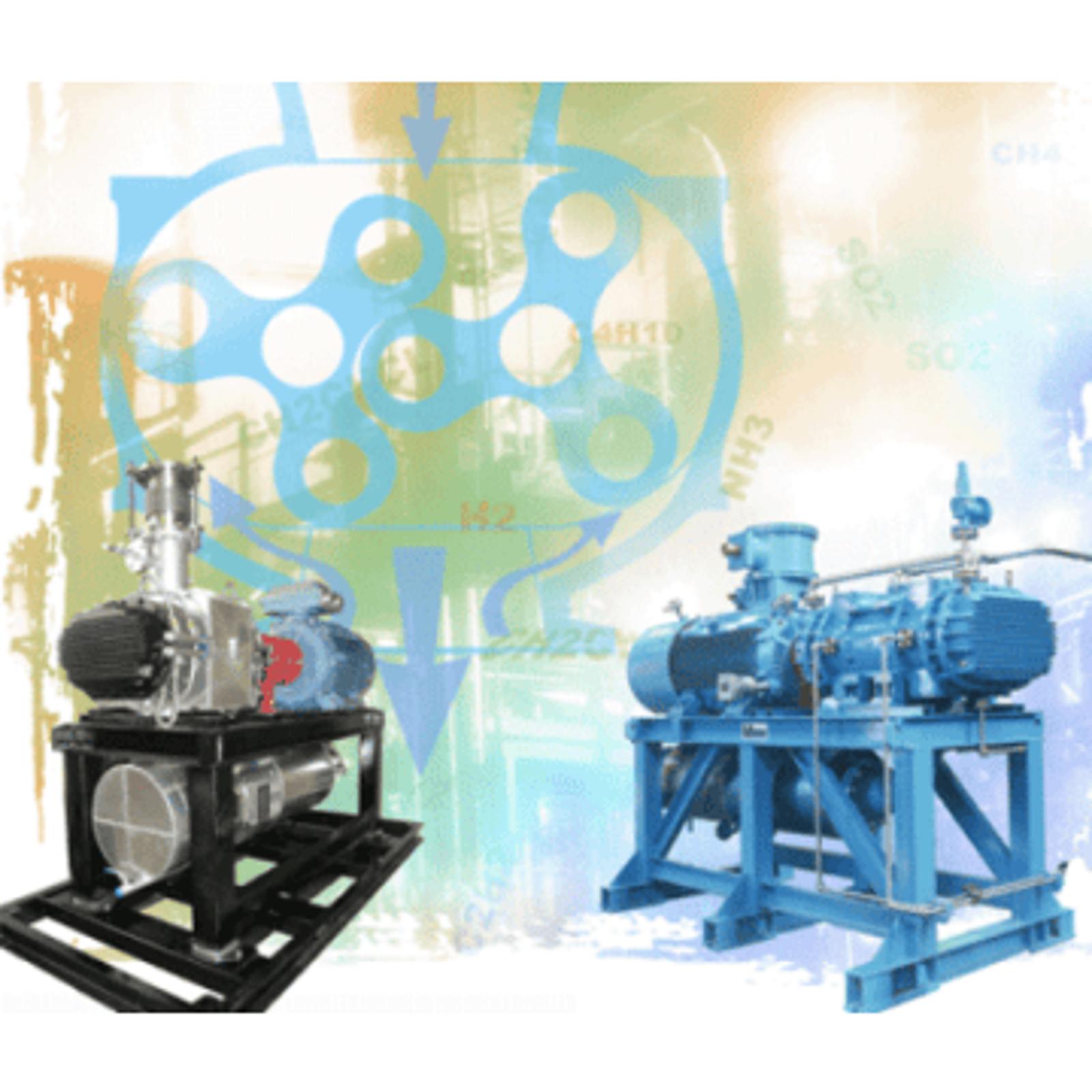 Afbeeldingsassemblage met twee procesgekoelde verdringerblowers om de uitwisselbaarheid aan te tonen tussen de oude serie (in blauw) en de nieuwe serie (in zwart) Hibon roterende zuigerblowers.