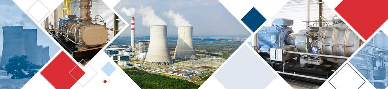 Hibon banner for the nuclear market. The photographic montage depicts the cooling towers of a nuclear facility along with the Hibon offering, featuring its water-injected rotary piston blowers used in the mechanical compression of steam for EPRs.