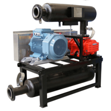 ATEX-conforme Hibon draaizuigerventilator met basis, motor, aanzuiggeluiddemper en uitlaatgeluiddemper, ontworpen voor gebruik met gasmengsels.