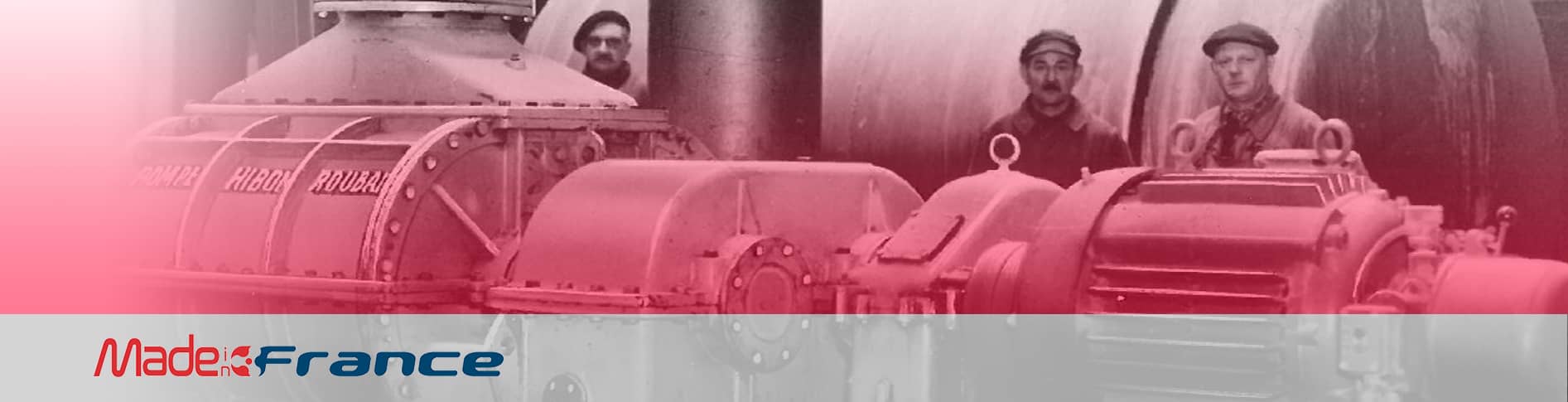 Oude foto van een van de grootste Hibon verdringerblowers uit de tijd van Hibon in Roubaix, Frankrijk, met drie van zijn arbeiders
