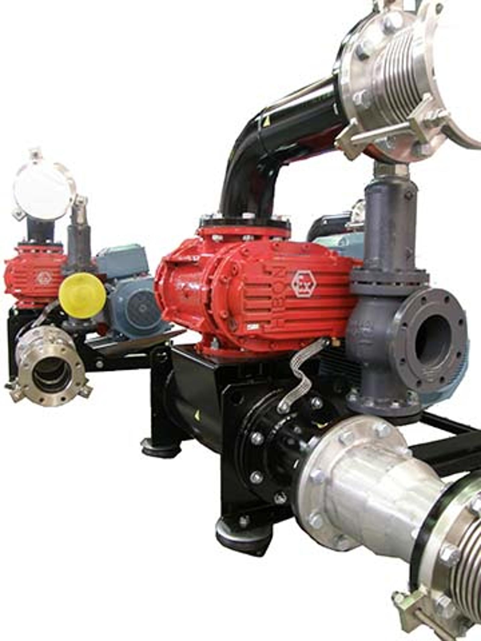 Uitgesneden foto van twee Hibon B-SF units voor biogas uitgerust met ATEX roterende zuigerblowers. Het geheel bestaat uit een motor, aanzuig- en uitblaasgeluiddempers, voetstuk, motor, riemaandrijving met beschermkap.