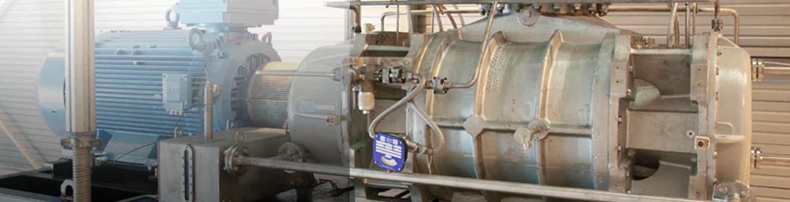 Detailed view of a Hibon water-injection PD blower used for the mechanical compression of vapors in the EPR reactors of nuclear power plants.