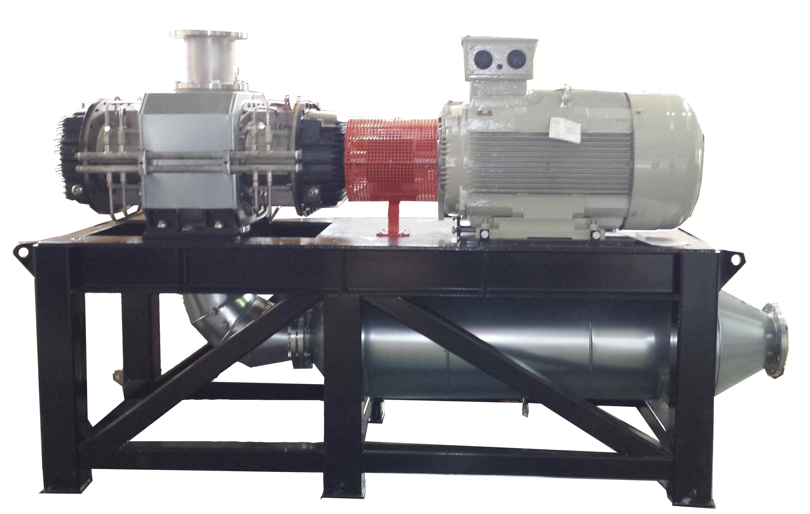 Uitgesneden foto van een Hibon procesblower uitgerust met een watergeïnjecteerde verdringerblower, motor, directe aandrijving en geluiddemper voor de mechanische compressie van dampen.