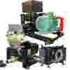 Photographic montage showcasing the various configuration options of Hibon bilobe or trilobe rotary piston blowers, either with motor, silencer, base, belts, belt tension, or as a bare shaft version for low-pressure or vacuum industrial applications with air or gases.