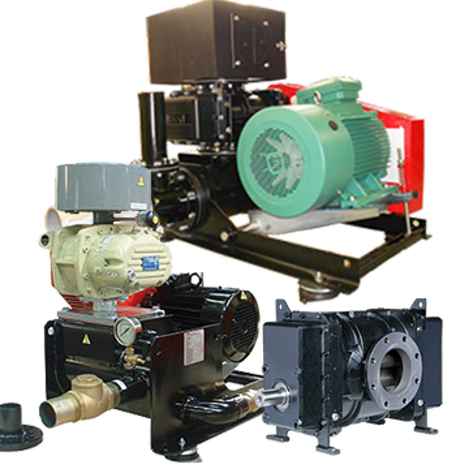 Photographic montage showcasing the various configuration options of Hibon bilobe or trilobe rotary piston blowers, either with motor, silencer, base, belts, belt tension, or as a bare shaft version for low-pressure or vacuum industrial applications with air or gases.