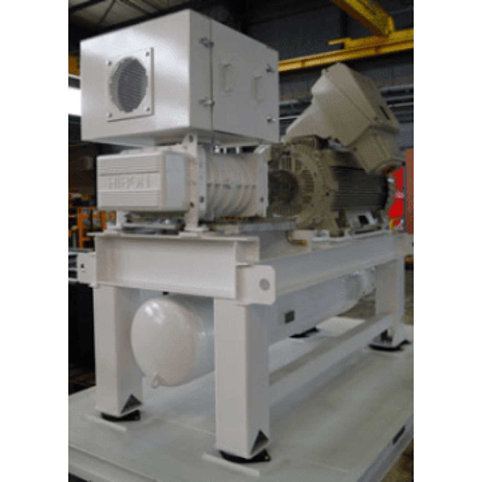 Unit of positive displacement blower for special gases with motor, process rotary gas blower, base block, filter, and outlet silencer.