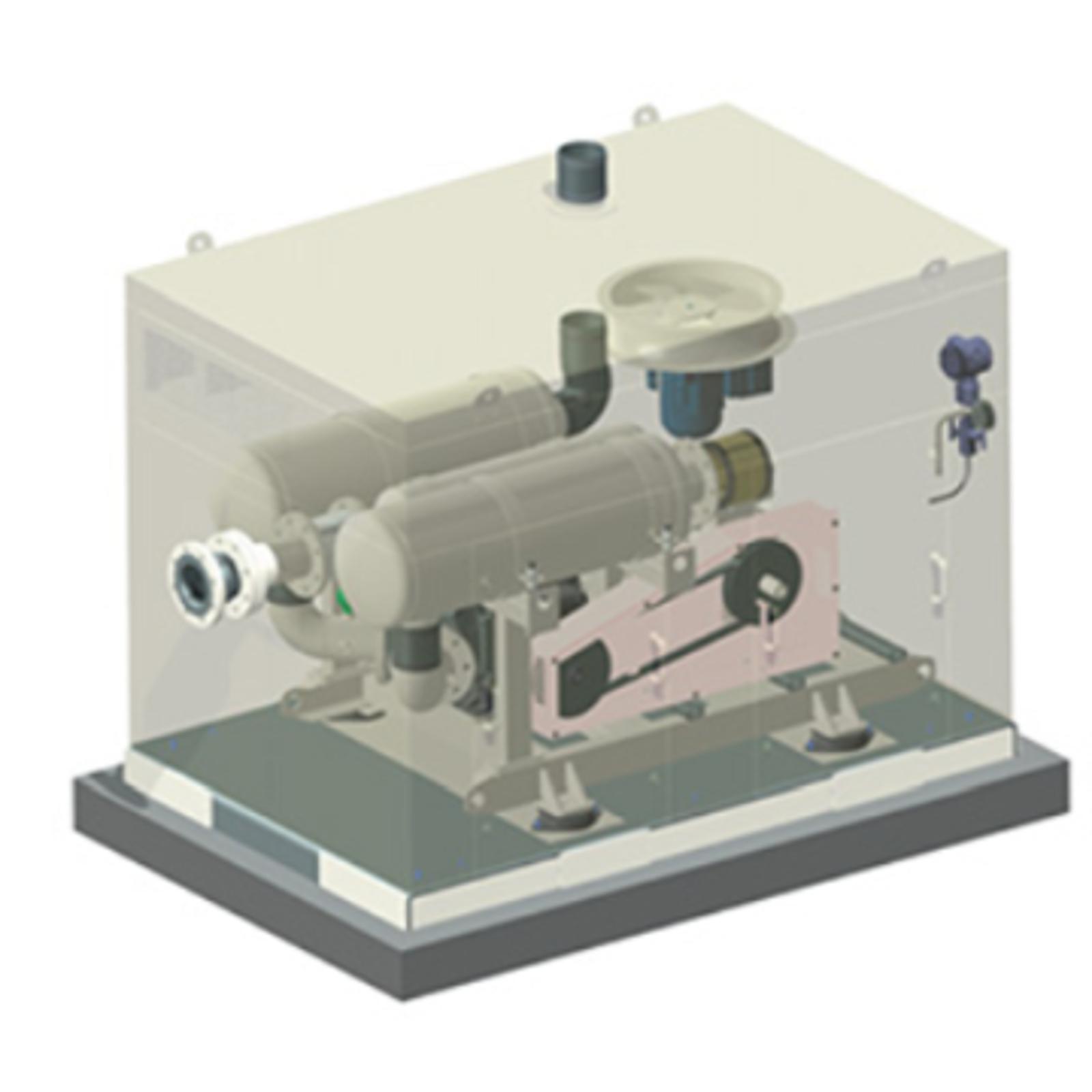 Technische tekening van de Hibon VP vacuümunit ter illustratie van verschillende onderdelen zoals de watergeïnjecteerde draaizuigerblower (SIAV), motor, aanzuig- en uitblaasgeluiddempers, V-riem, beschermende behuizing en palletiseerbare behuizing.