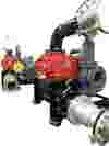 Cropped photo of two Hibon B-SF units used for biogas equipped with ATEX rotary piston blowers. The assembly includes a motor, suction and discharge silencers, base, motor, belt drive with protective carter.