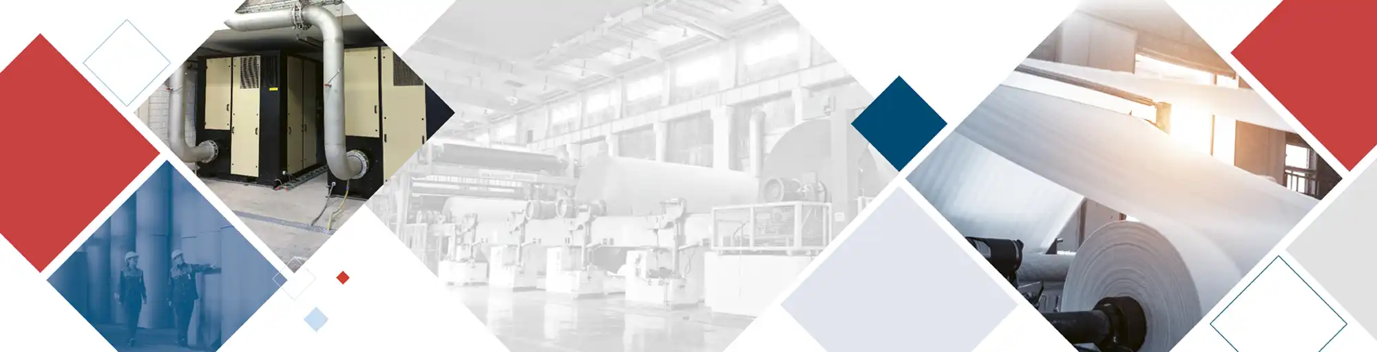 Banner depicting Hibon positive displacement blowers in use in a paper mill for the filtration of paper pulp.