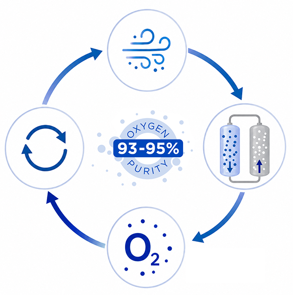 Diagram of PSA oxygen generation process showing air compression, nitrogen adsorption, and oxygen output at 93–95 percent purity
