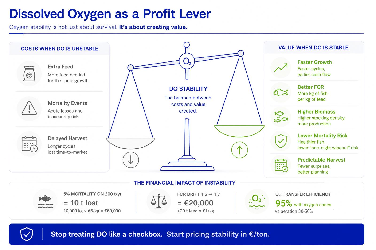 Infographic comparing the production costs of unstable dissolved oxygen with the growth, feed efficiency, biomass, and profitability benefits of stable oxygen.