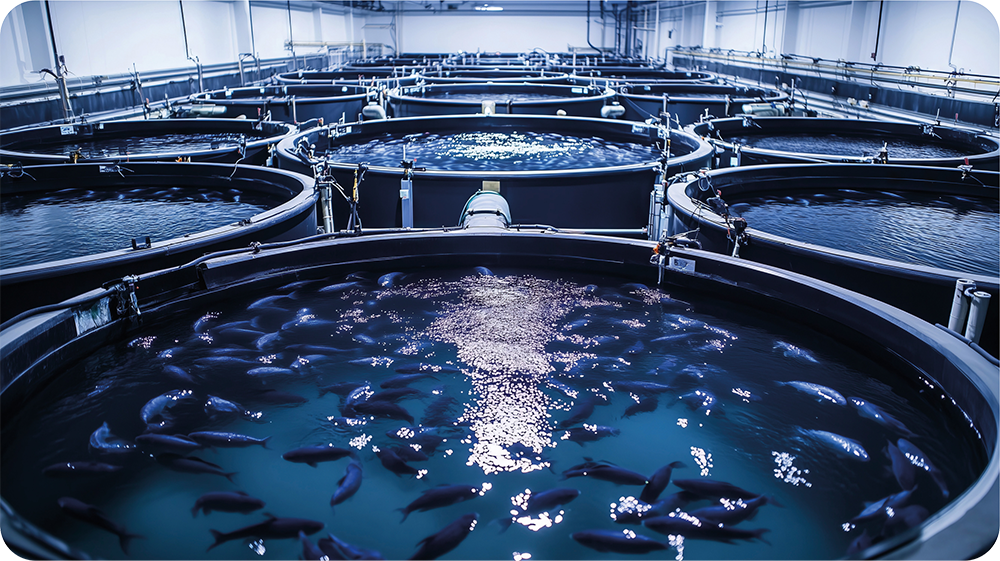 Aquaculture production system with fish tanks, circulating water, and oxygenation infrastructure supporting stable dissolved oxygen levels.