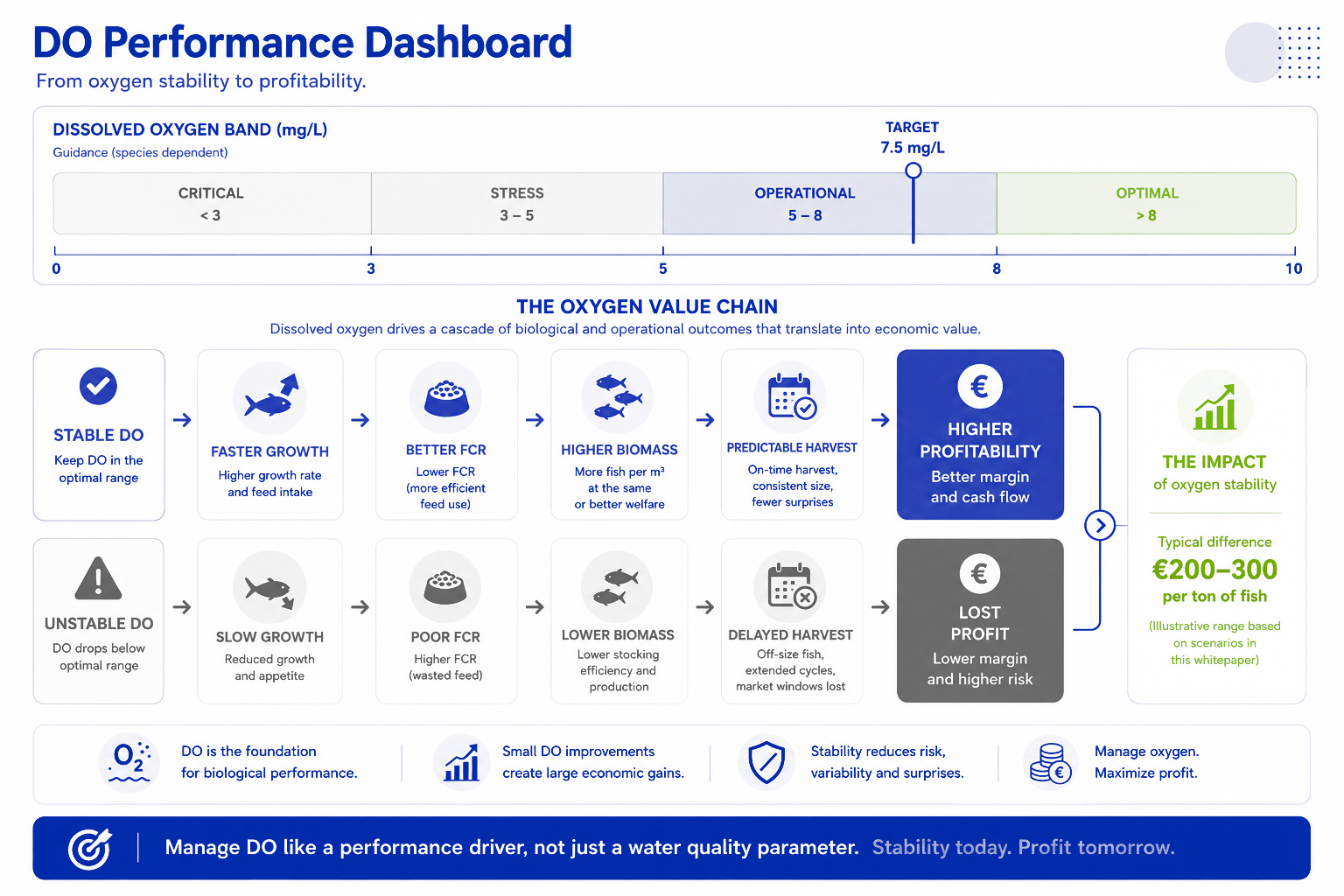 Dashboard showing how stable dissolved oxygen supports faster growth, better feed conversion, higher biomass, predictable harvests, and improved profitability.