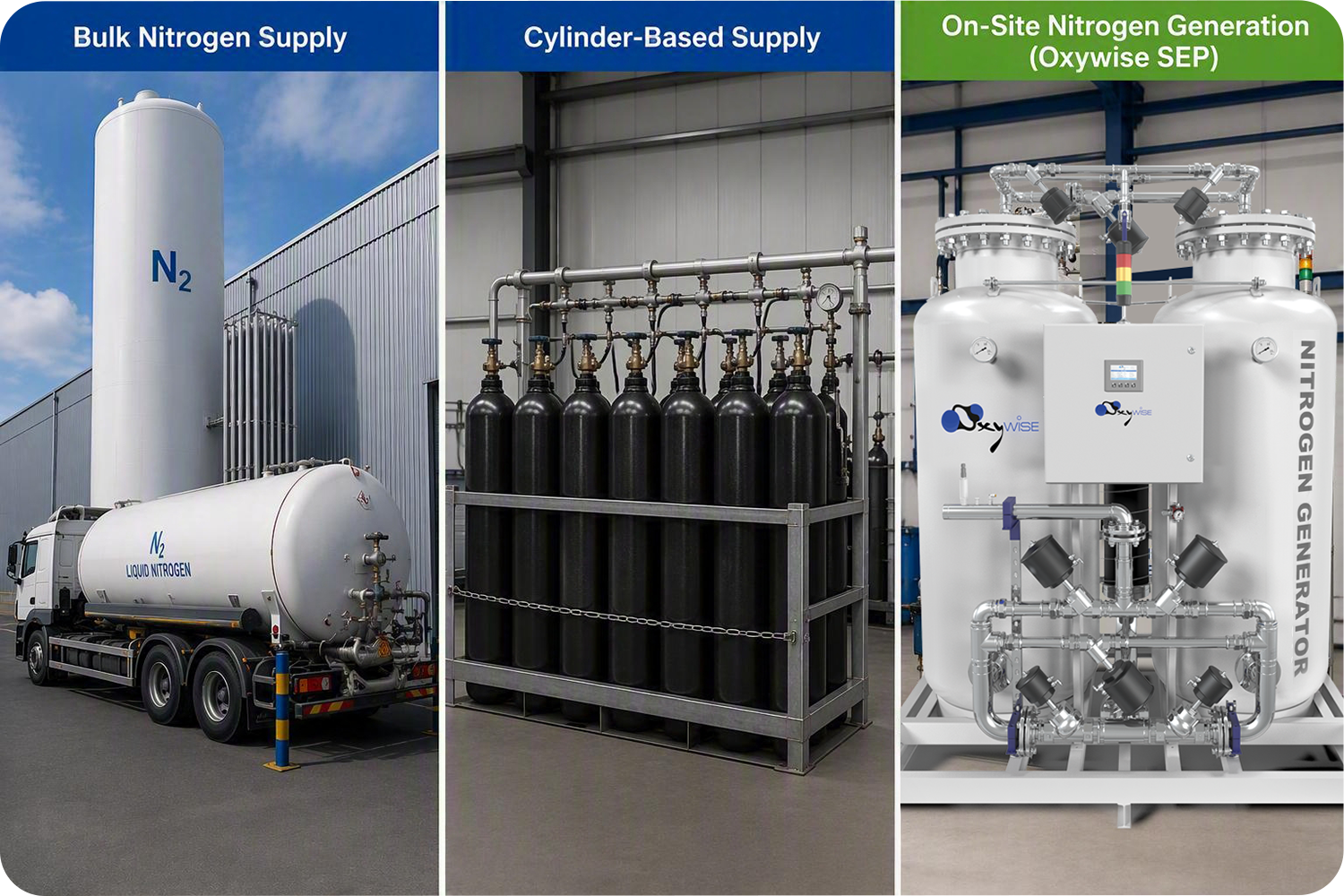 Comparison of bulk nitrogen storage, cylinder-based supply, and Oxywise on-site nitrogen generation for laser cutting.
