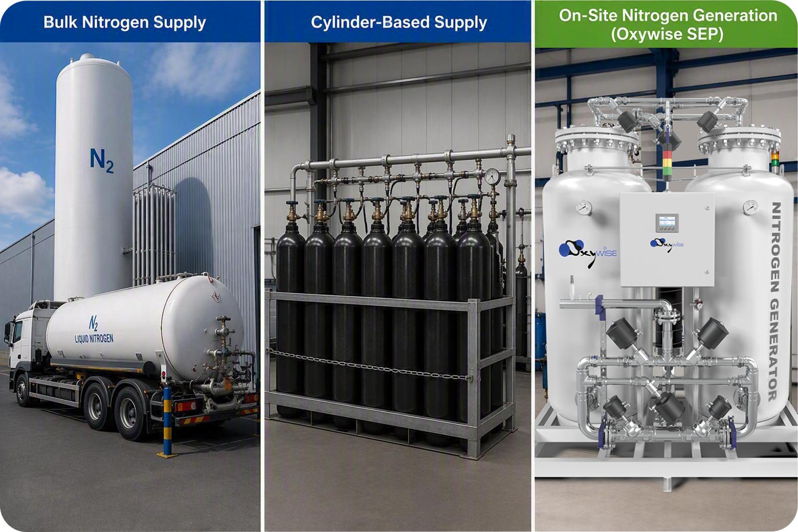 Comparison of bulk nitrogen storage, cylinder-based supply, and Oxywise on-site nitrogen generation for laser cutting.
