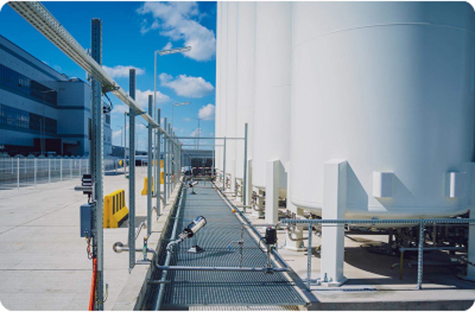 Industrial liquid oxygen storage tanks and pipeline infrastructure used for hospital oxygen supply