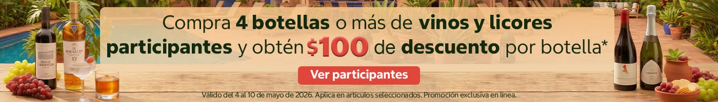 Compra 4 botellas de vinos y licores participantes y obtén 100 pesos de descuento por botella.