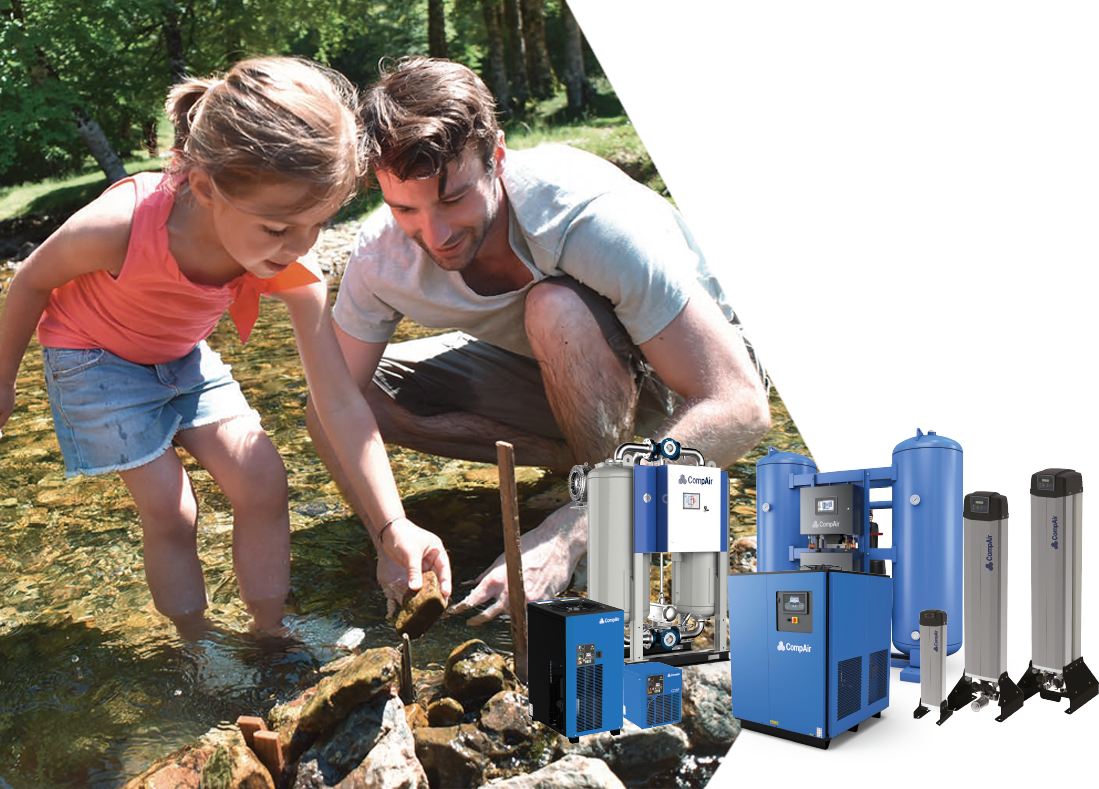Systèmes d’air comprimé CompAir associés à une eau naturelle propre pour représenter la durabilité